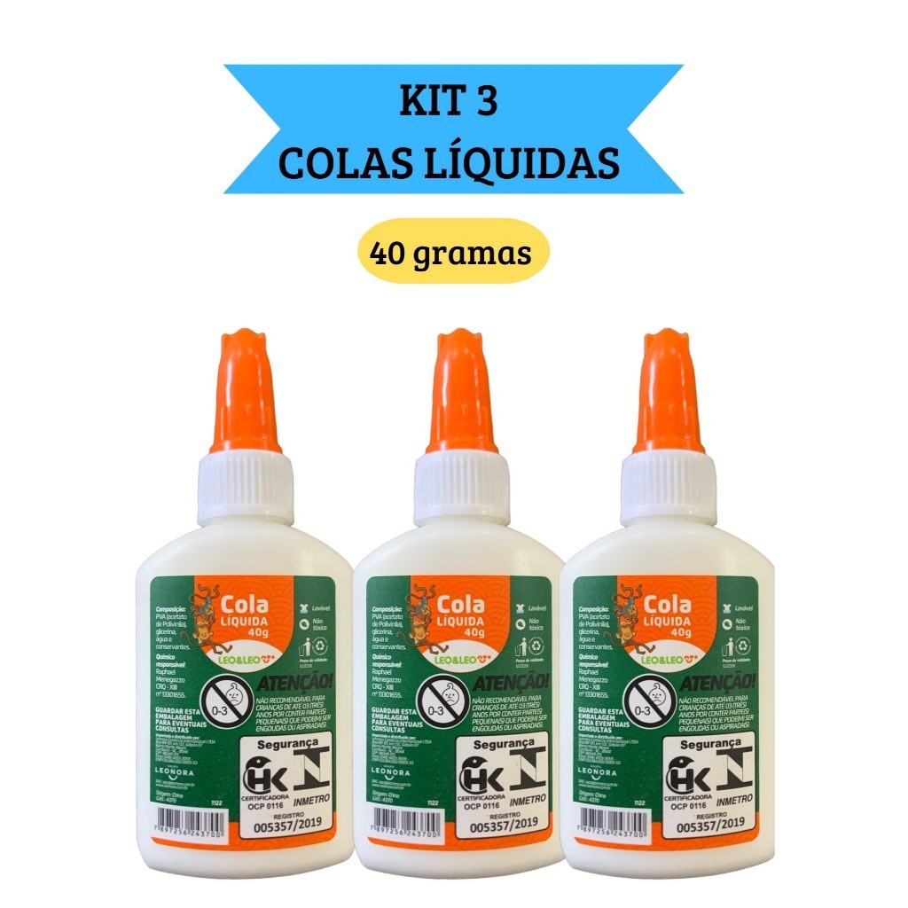 Kit 3 Cola Líquida Branca Escolar 40g com espátula Leo&Leo em Oferta na Shopee