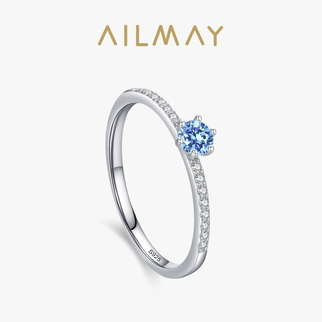 Ailmay Real 925 Prata Esterlina Elegante Redondo Azul Zircônia Anéis De Dedo Joias Finas