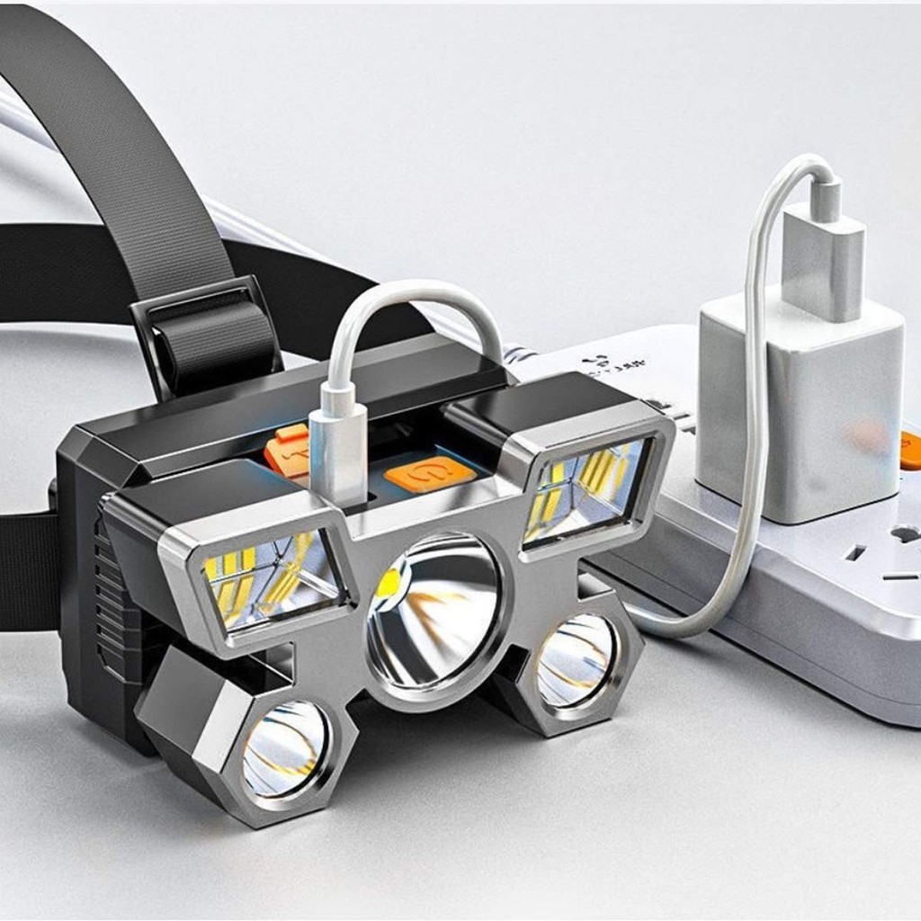 Lanterna de Testa Iluminação Recarregável USB Cabeça LED 4 Modos Ajuste 90º