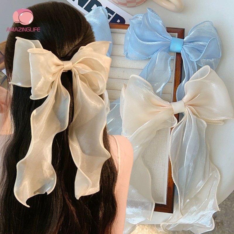 1 Pc Sweet Elegant White Mesh Bow Ribbon Hair Clips-Grampos De Cabelo Fashion Bowknot Hairpin-Para Meninas Simples Acessórios