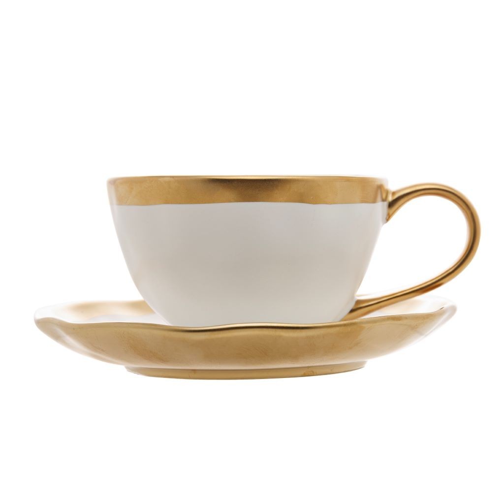 Xícara De Chá Em Porcelana Branca Com Dourado Dubai 200ml Com Pires Delicado
