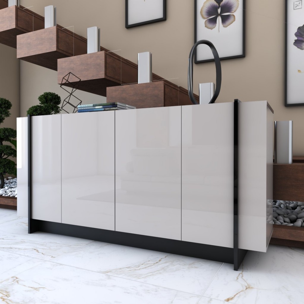Balcão Buffet Balneário Camboriú 4 Portas 2 Prateleiras Off White/Preto - Panorama Móveis - Home & Living