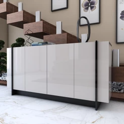 Balcão Buffet Balneário Camboriú 4 Portas 2 Prateleiras Off White/Preto - Panorama Móveis
