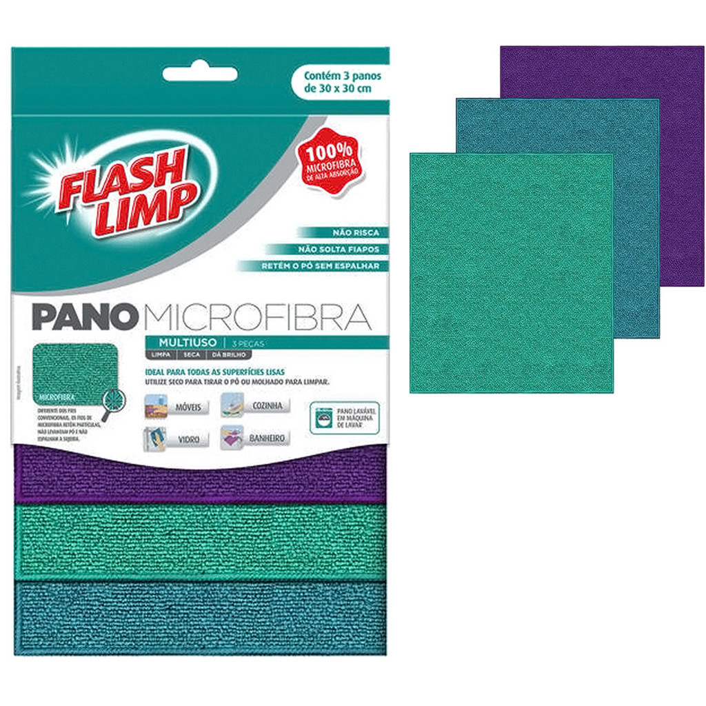 3 Panos de Microfibra Flash Limp Lavável Multiuso Coloridos em Oferta na Shopee