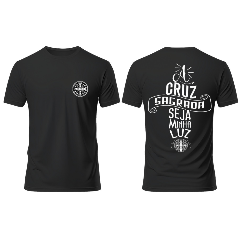 camisa Camiseta algodAO catolica estampada a cruz sagrada seja minha luz são bento ate tamanho g5 em Oferta na Shopee
