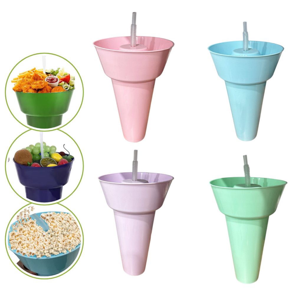 Copo Petisqueira com Canudo Copo Snack Com suporte para Pipoca Lanches Batata Comidinha 1.2L