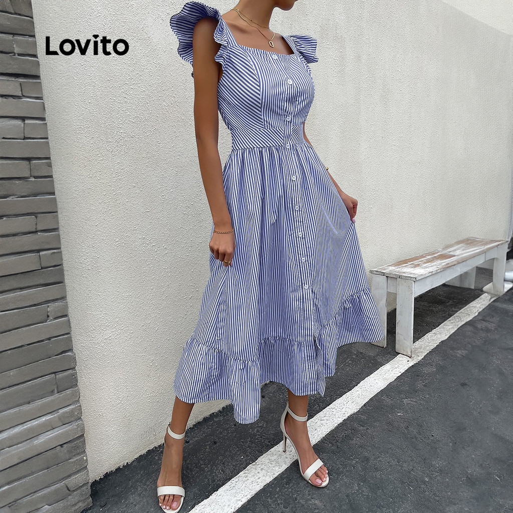 Detalhes do Lovito Vestido Feminino Casual Listrado Com Botões E Babados Para Verão Primavera LBL22602
