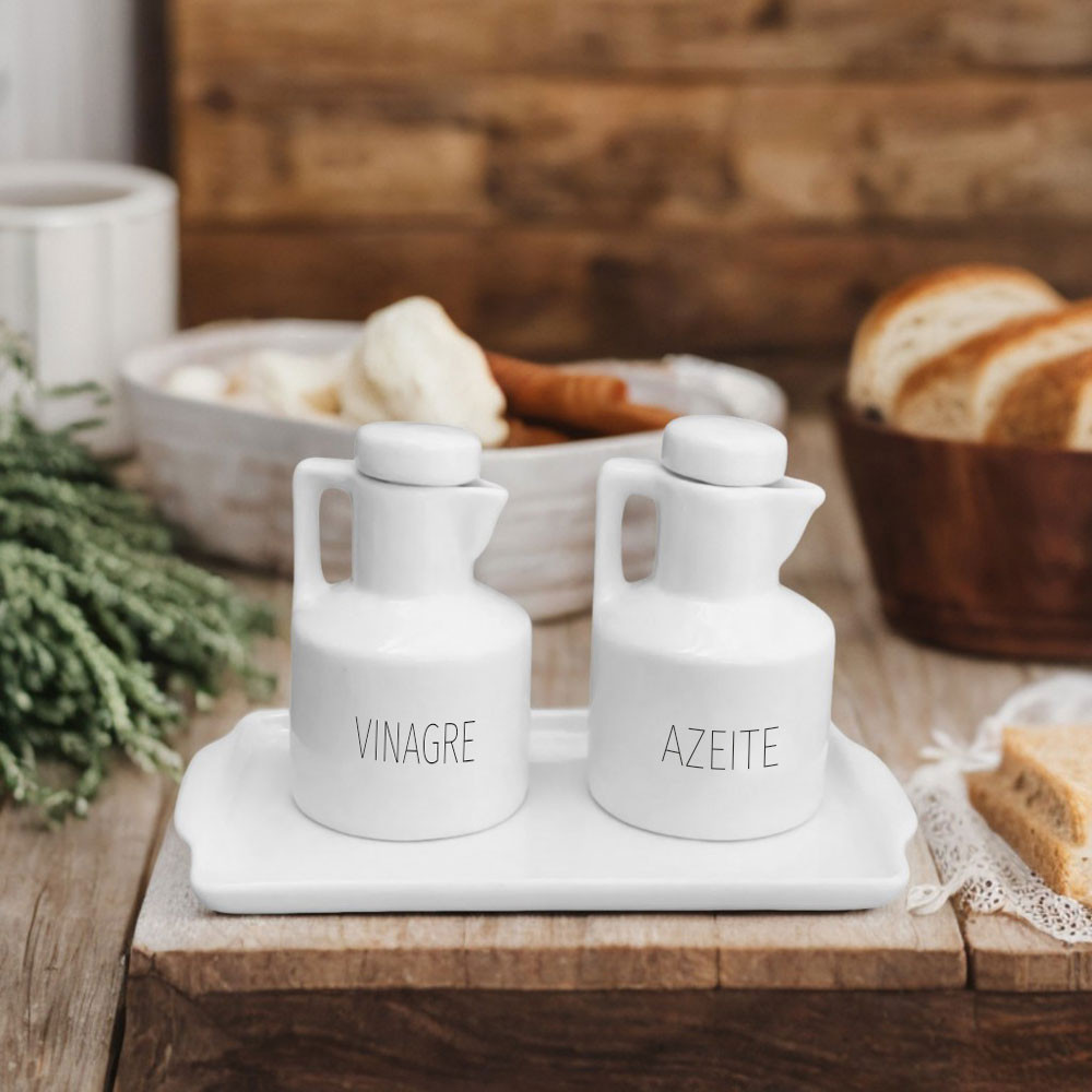 Kit 2 Garrafas Galheteiro com Bandeja Porcelana Azeite Vinagre