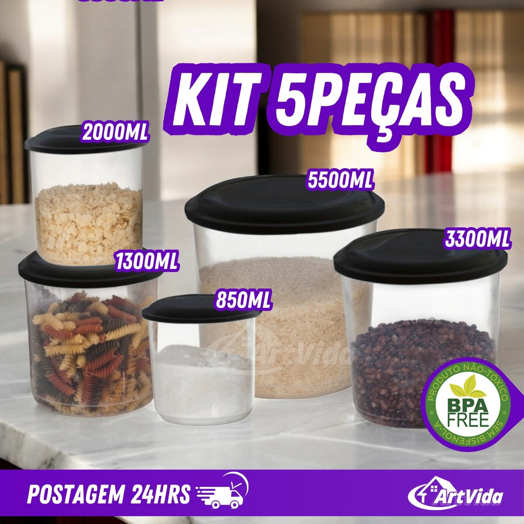 Conjunto Mantimentos 5 Peças Potes Transparente Tampa Preta Vinho Micro-ondas Lava louças – ArtVida