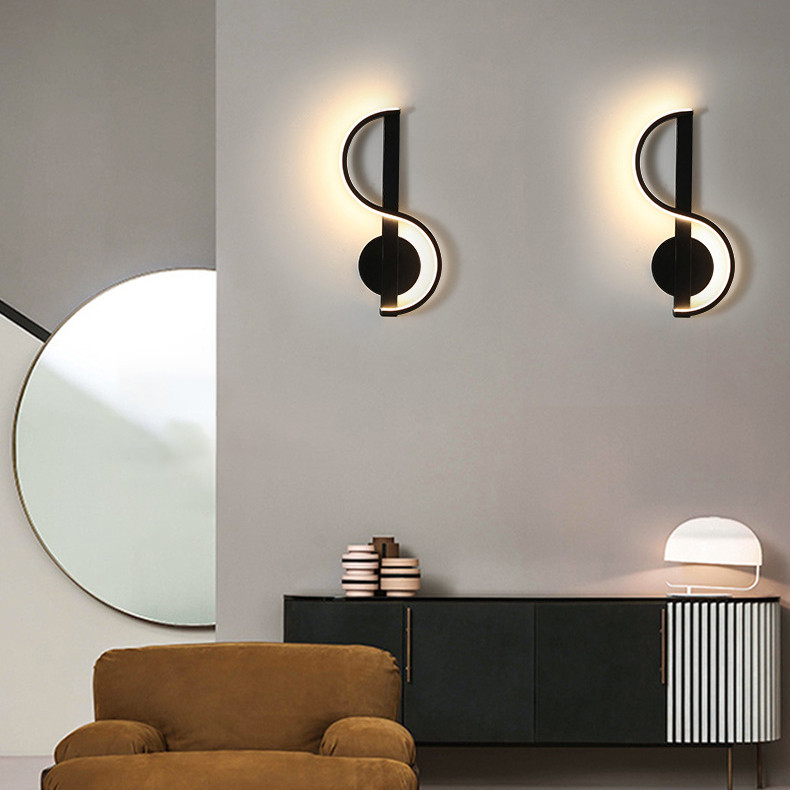 Arandela de Parede LED em Forma de Clave de Sol, Luminária Geométrica Preta Minimalista para Sala Moderna