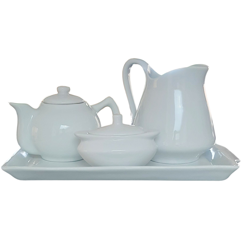 Jogo Café e Chá, Bandeja + Bule Chaleira 400ml + Açucareiro barquinha 100ml + Jarra Leiteira 740ml - Kit Porcelana Branc