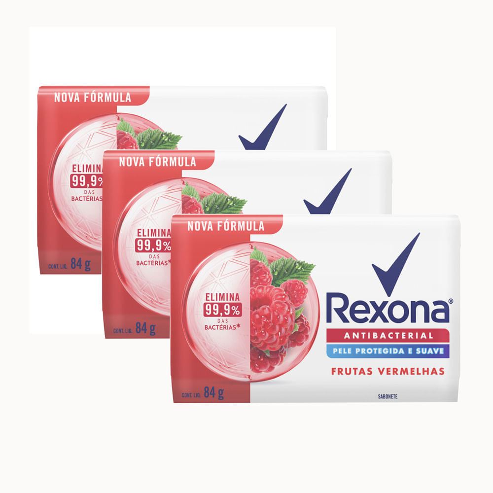 Kit 3 Sabonete em Barra Rexona Antibacterial Frutas Vermelhas 84g em Oferta na Shopee