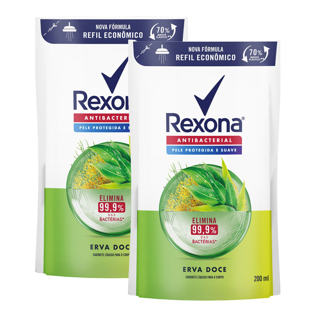 Kit 2 Sabonete Líquido Rexona Antibacterial Erva-Doce Refil 200ml