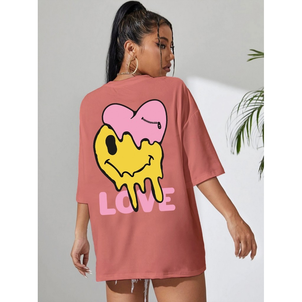 Camiseta Oversized Feminina Aesthetic Blusa Estampada Coração Ziper Smile Love T Shirt Moderna 