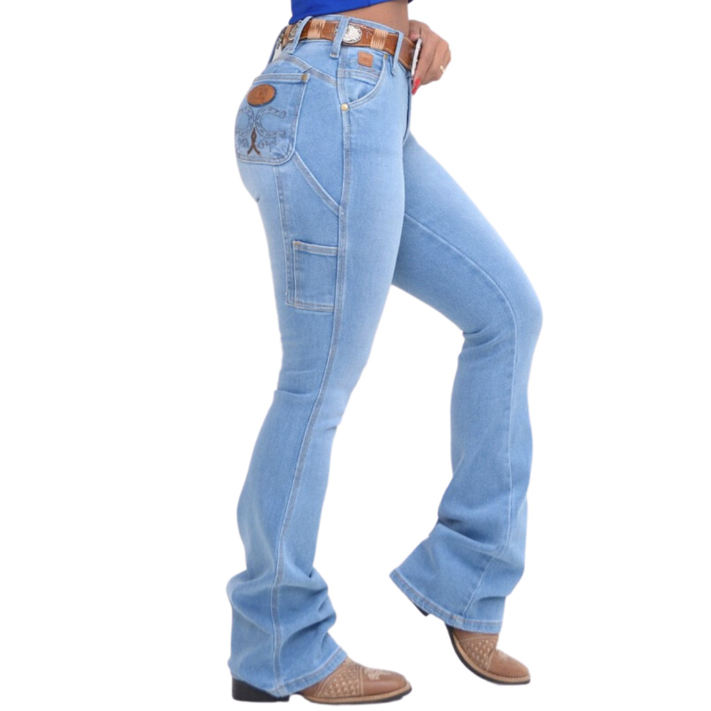 Calça Carpinteira Country Jeans Premium Com Lycra Bordada Clara e Escura Rodeio Barra Larga