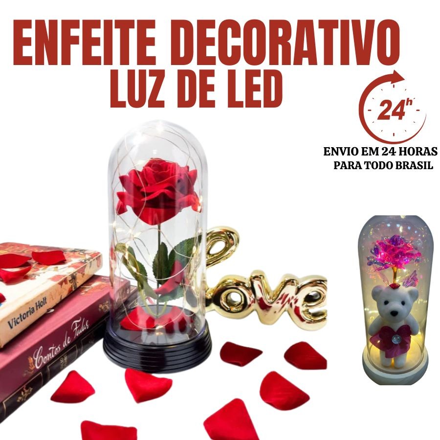 Enfeite Decorativo com Luz LED Cúpula de Vidro Decoração Casa Dia das Mães Namorados Aniversário