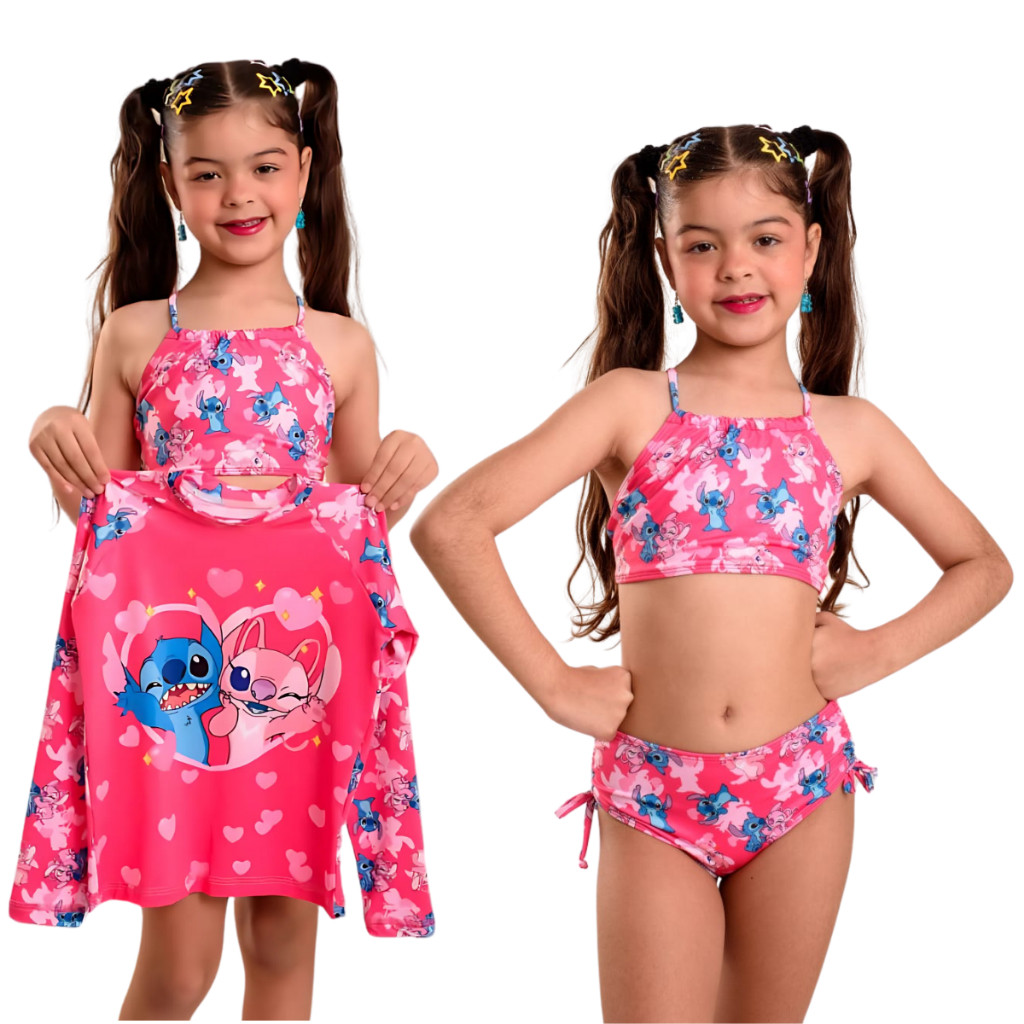 Conjunto Biquini Infantil Stitch Com Blusa Proteção Uv 50+ Praia Piscina 3 Peças 4 ao 14 anos