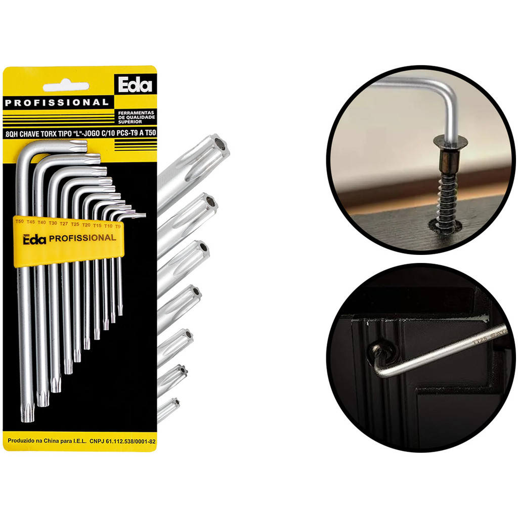 Conjunto De Chaves Torx Longa Aço Tipo L Com Furo Para Torque 10 Peças T9 A T50 + Suporte Eda em Oferta na Shopee