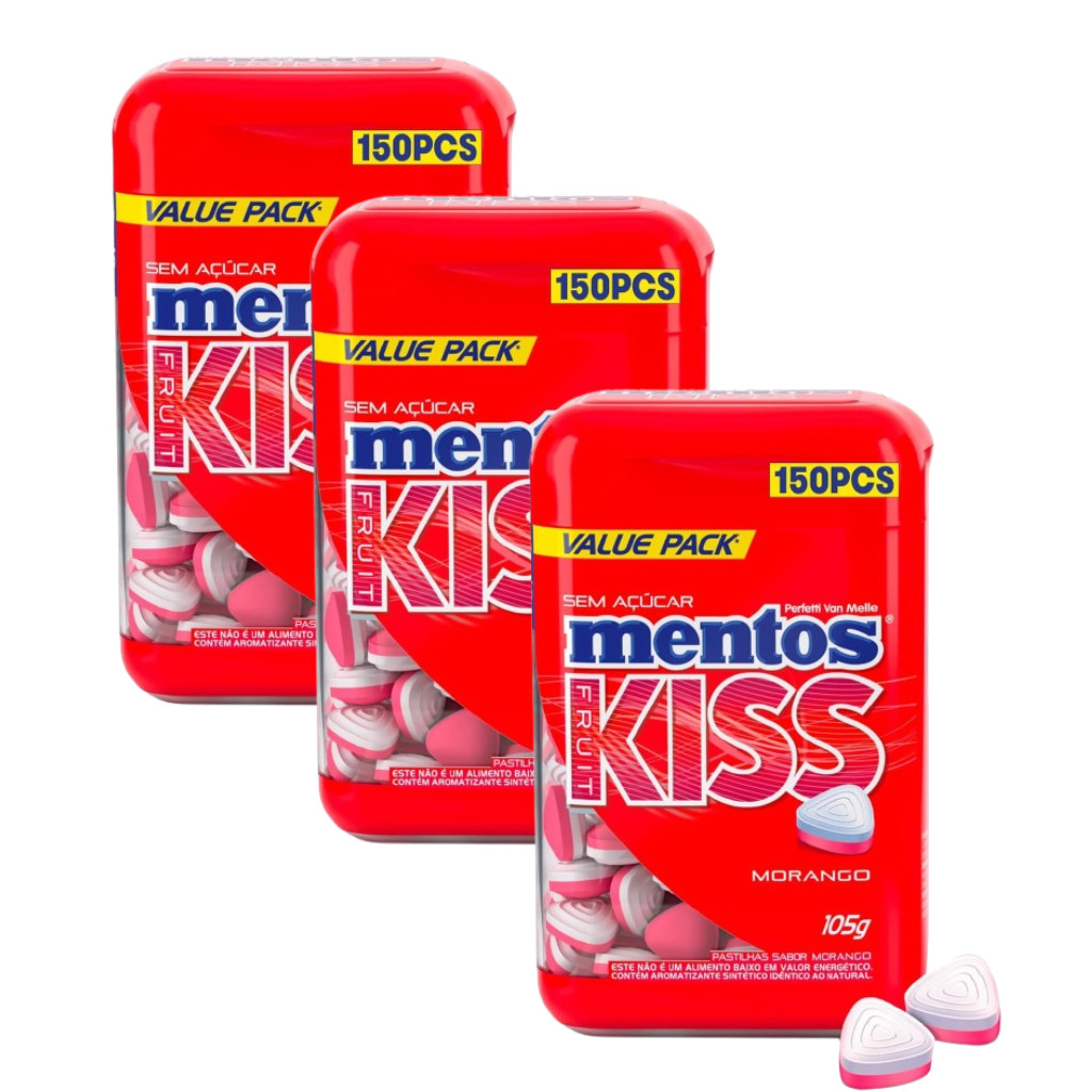 Kit 3 Pastilhas Mentos Kiss Fruit Sabor Morango Sem Açúcar 105g/cada - Pote Com 150 unidades