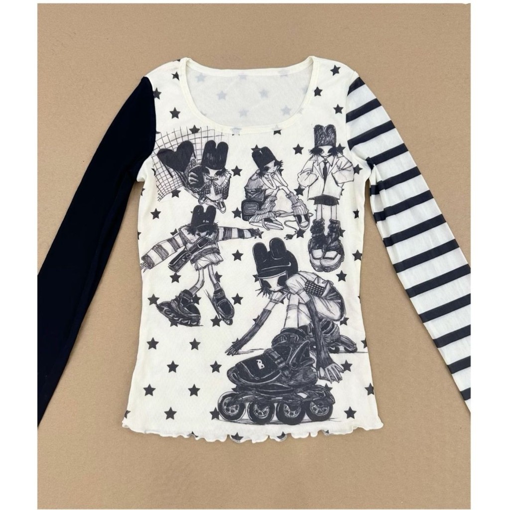 Camiseta Feminina Y2K Star Strip Estampa Subcultura Manga Comprida Top Emagrecedor