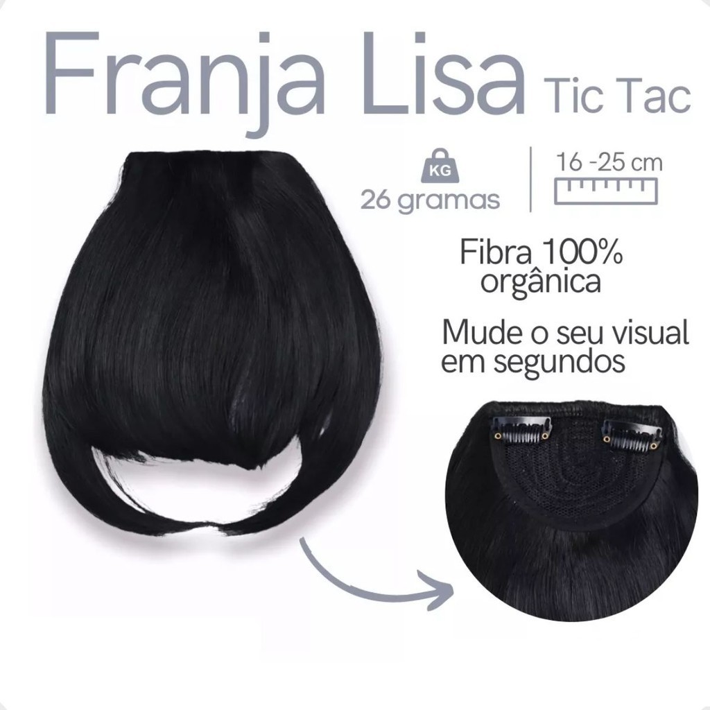 Franja Falsa Fake Com Presilha Cabelo Aplique Tic tac Fibra Natural