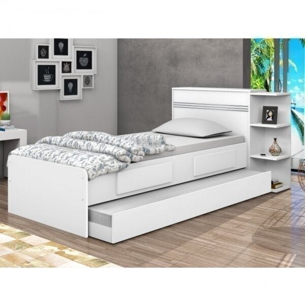 Cama Solteiro com Baú 2 Gavetas e Cama Auxiliar Jade Yescasa Branco - Home & Living