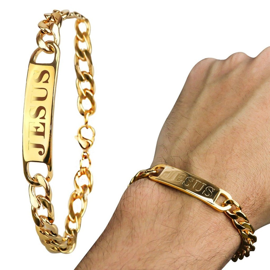 Pulseira masculina ouro aço jesus cristo qualidade premium presente inoxidável em Oferta na Shopee