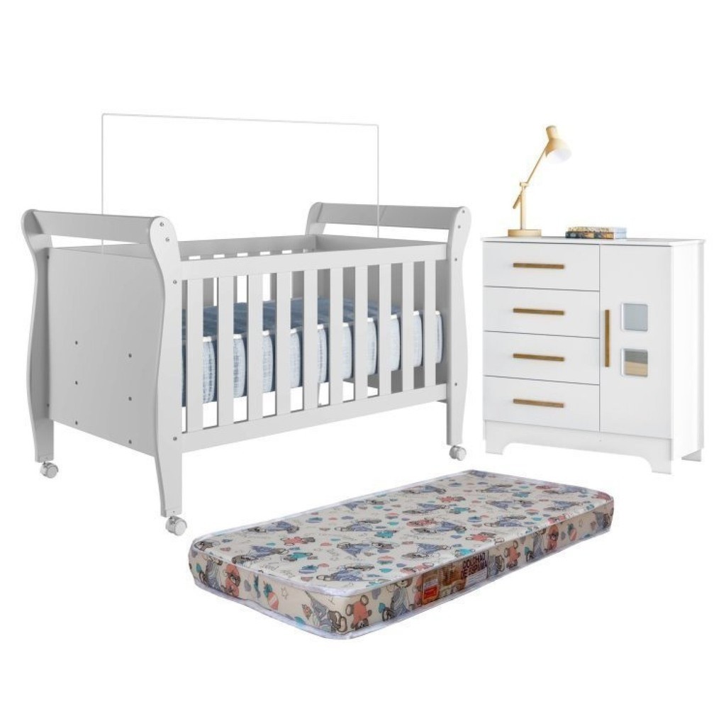 Quarto de Bebê com Berço Mini Cama 100% Mdf com Colchão Slim e Cômoda 4 Gavetas 1 Porta Fly 100% Mdf - Home & Living