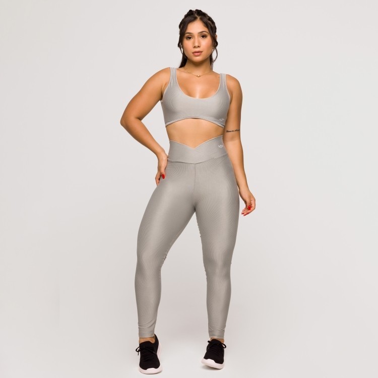 Conjunto Fitness Feminino Cinza Academia Poliamida Top e Legging Feminina Crossfit Glow