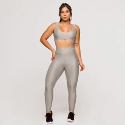 Conjunto Fitness Feminino Cinza Academia Poliamida Top e Legging Feminina Crossfit Glow
