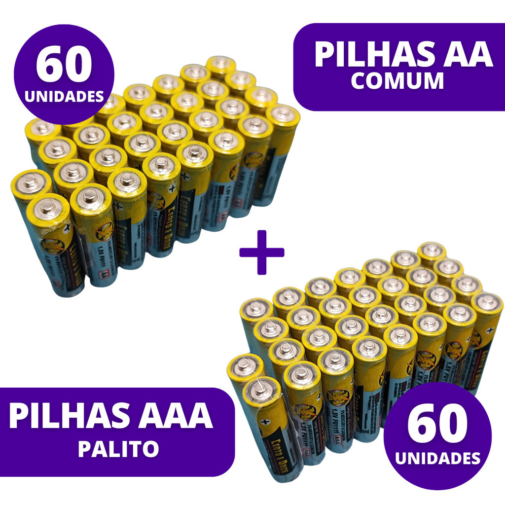 Kit 60 Unidades Pilhas AA Comum + 60 Unidades Pilhas AAA Palito em Oferta na Shopee