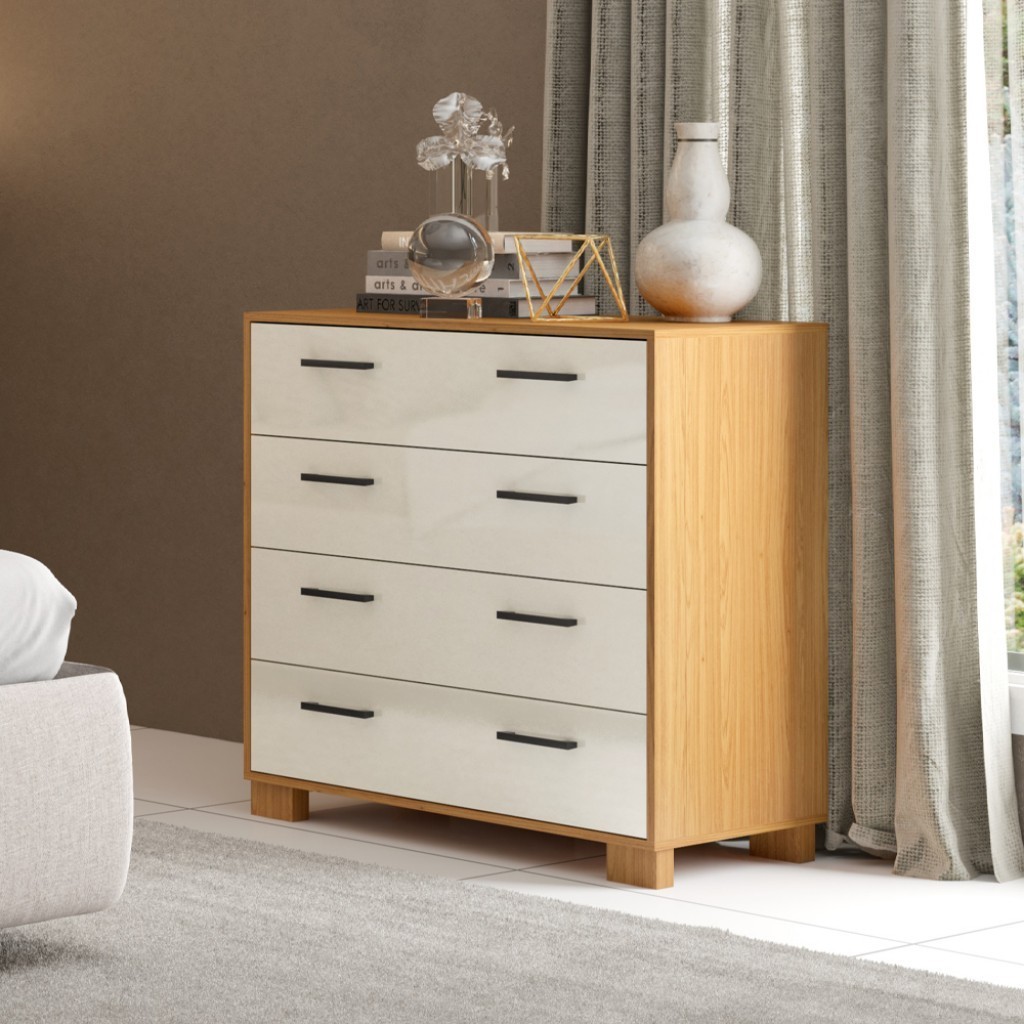 Cômoda 4 Gavetas Reta Basic Freijó/Off White - Dalla Costa em Oferta na Shopee