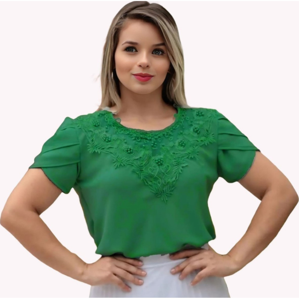 Blusa Camisa Verde Bandeira Detalhes em Pérolas Pedrinha Manga Curta Renda Social Moda Evangélica Romântica Social Bordada para Congresso Igreja Fardamento