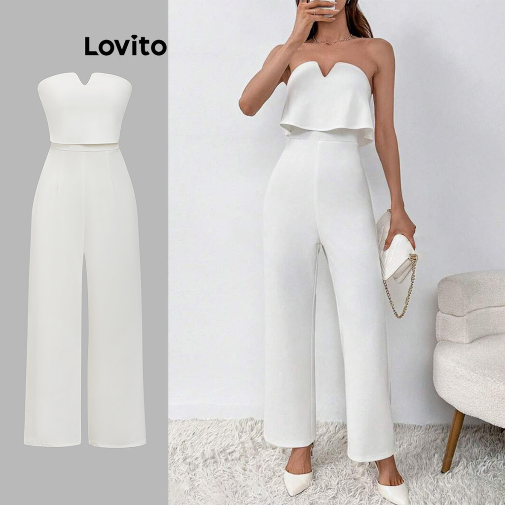 Lovito Macacão elegante de camada dupla com zíper liso e bainha com babados para mulheres ...