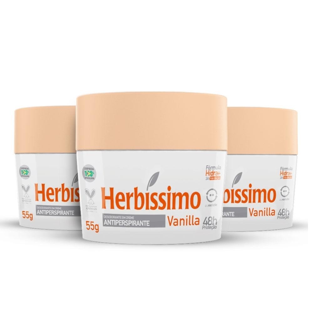 Kit 3 unid - Desodorante Creme Antitranspirante Herbíssimo Vanilla 55G