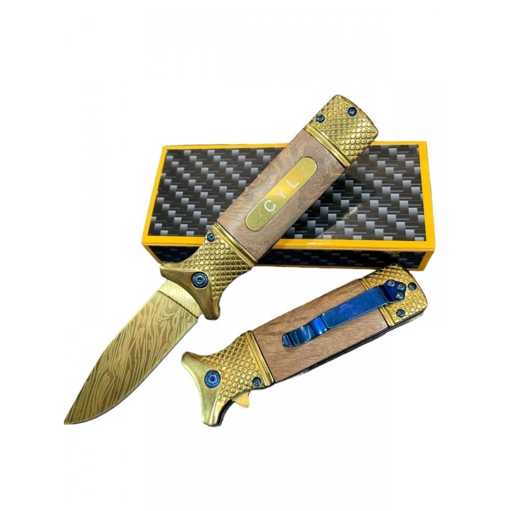 Canivete Semi Automatico Gold Luxo com Clip Caça Pesca Sobrevivencia 1306