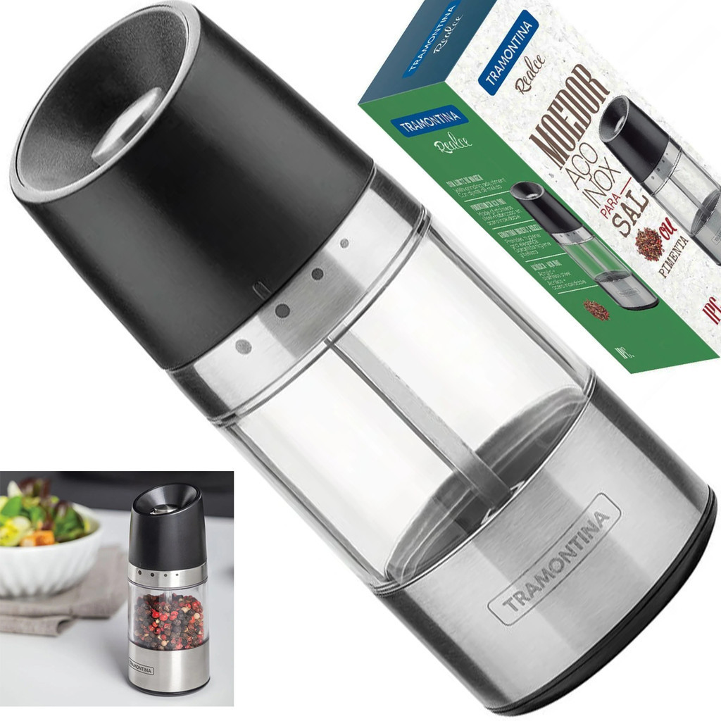 Moedor Triturador Sal Grosso Pimenta Inox Moinho Tramontina 61653100 em Acrílico e Aço Inox com Moinho em Cerâmica