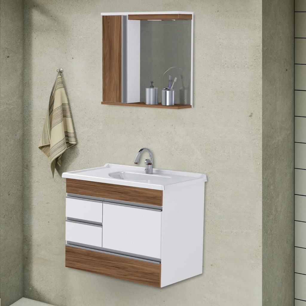 Conjunto de Banheiro Gabinete Suspenso 3 Gavetas com Espelheira e Cuba  Modena Carvalho/Cinza