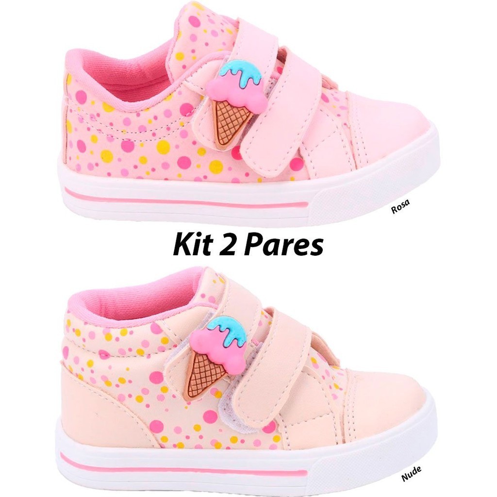 Kit 2 pares Tênis Infantil Feminino Sorvetinho Meninas - ROSA/NUDE em Oferta na Shopee