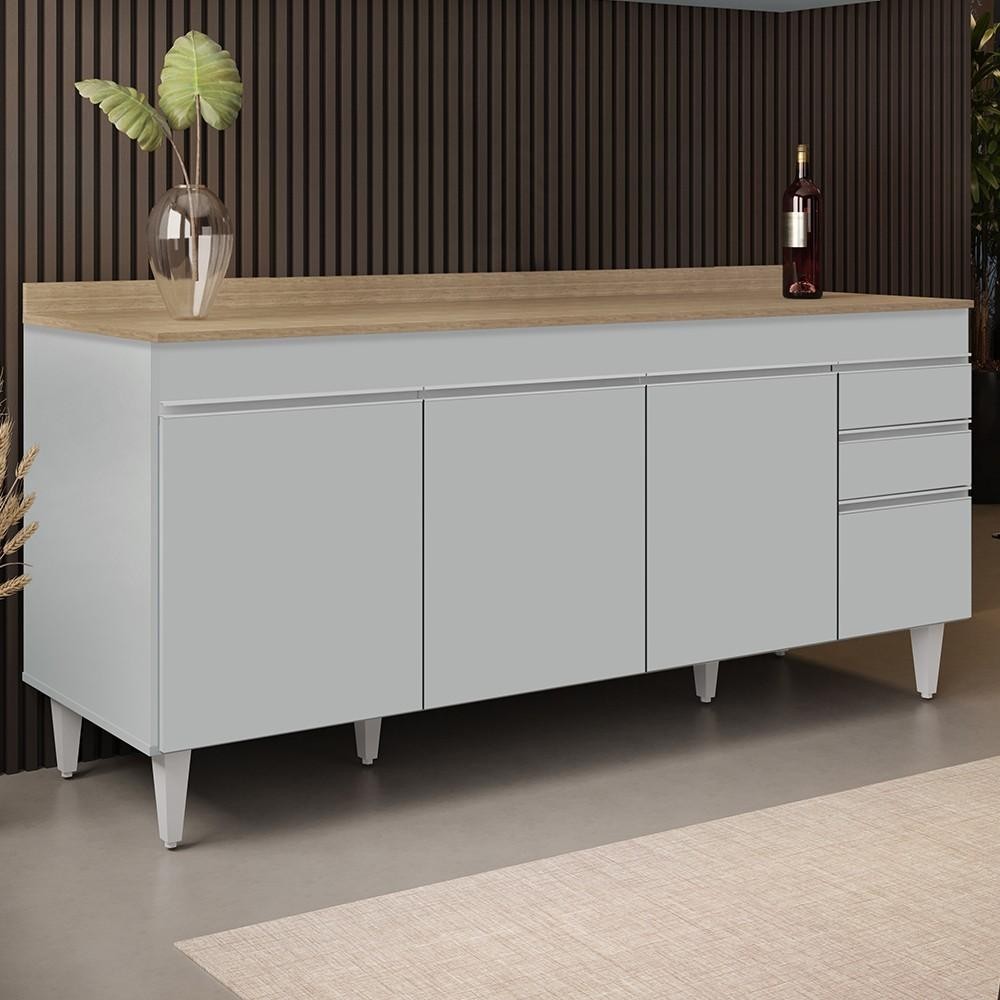 Balcão de Cozinha Para Pia 180cm com Tampo 4 Portas Dallas Cinza Claro/Castanho - Lumil - Home & Living