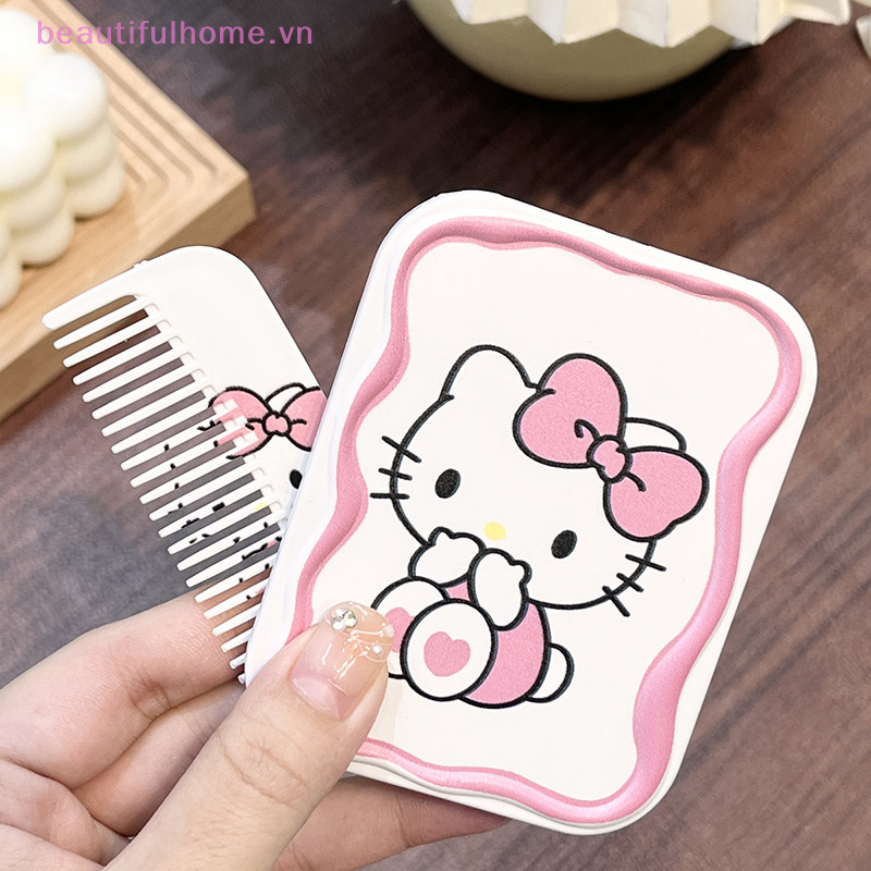 [beautifulhome] Sanrio Cartoon Naughty Hello Kitty Espelho De Maquiagem Portátil Dobrável Com Pente Para Mulheres Ferramentas Meninas [beauty]