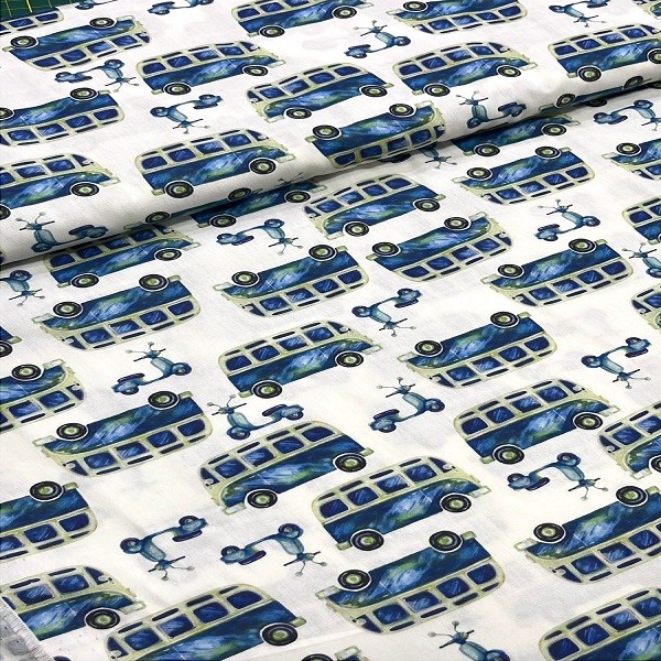 Tecido Tricoline Digital Estampa de Kombi e Moto