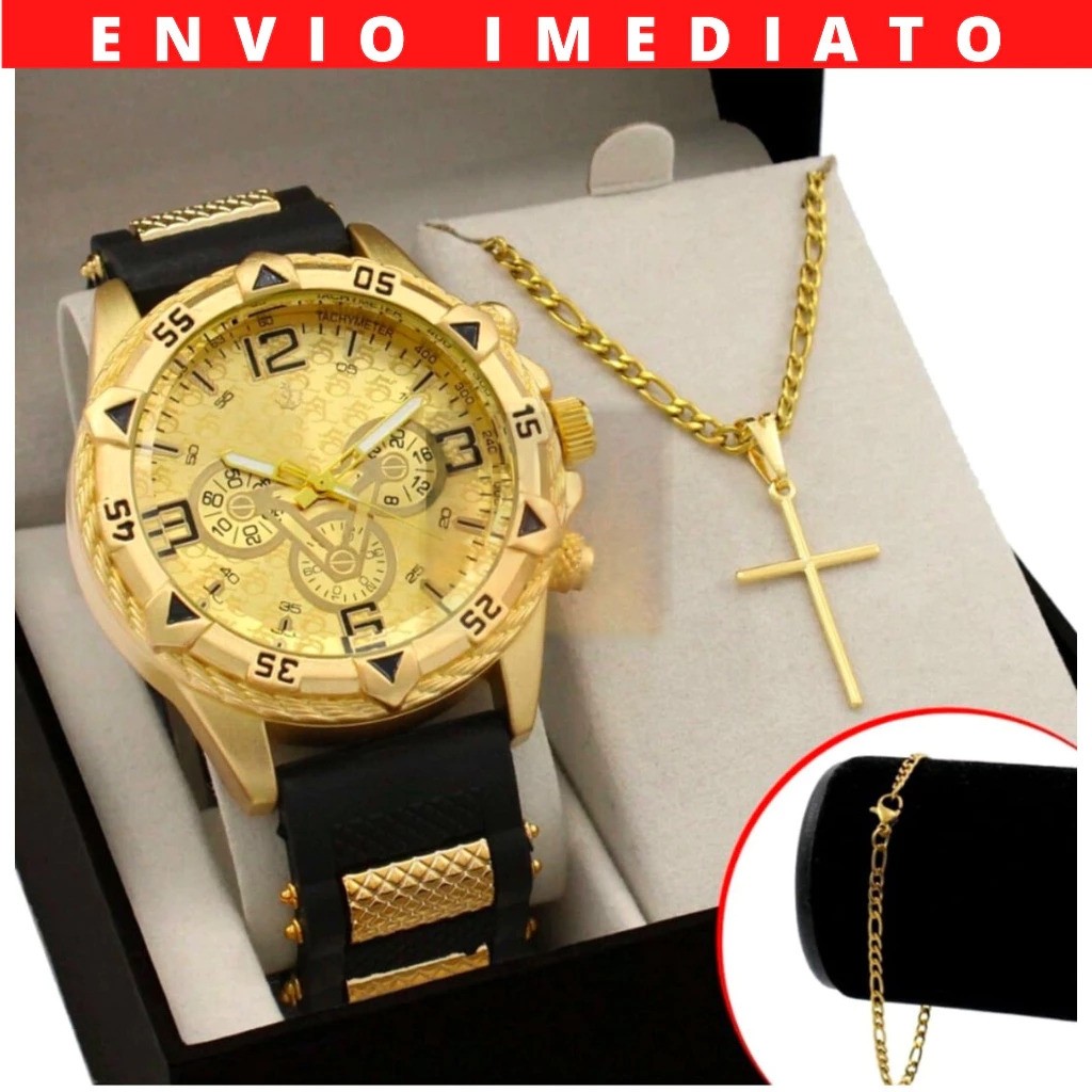 Kit Relógio Masculino + Pulseira Ouro Prata + Colar Cruz Estilo e Elegância em Oferta na Shopee