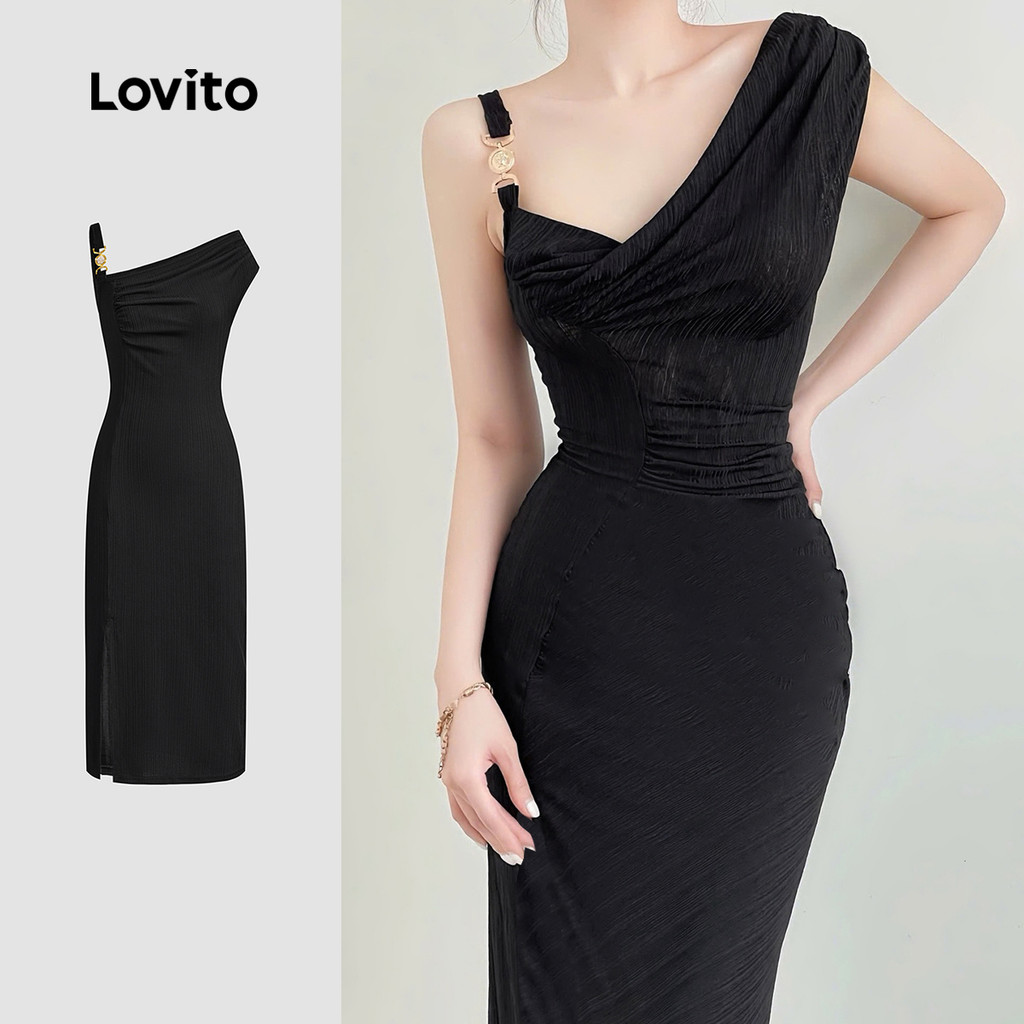 Lovito Vestido Casual Textura Metal Assimétrico Dividido Vestido De Verão/Primavera Para Mulheres L120ED155 - Women Clothes