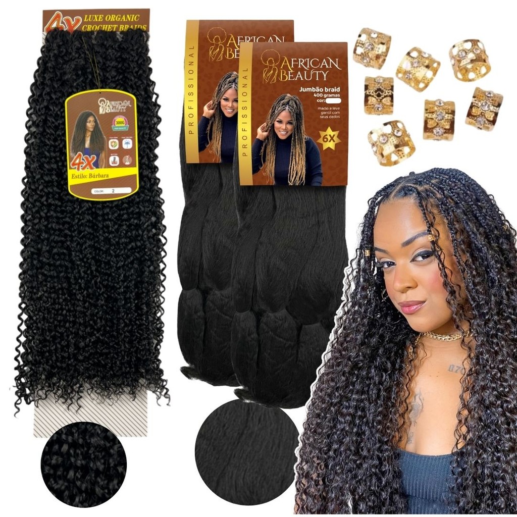 Kit 2 Jumbo Sintético+Cabelo Crochet Braid Fibra Orgânica Cacheada goddess Braid, Tranças com cachos