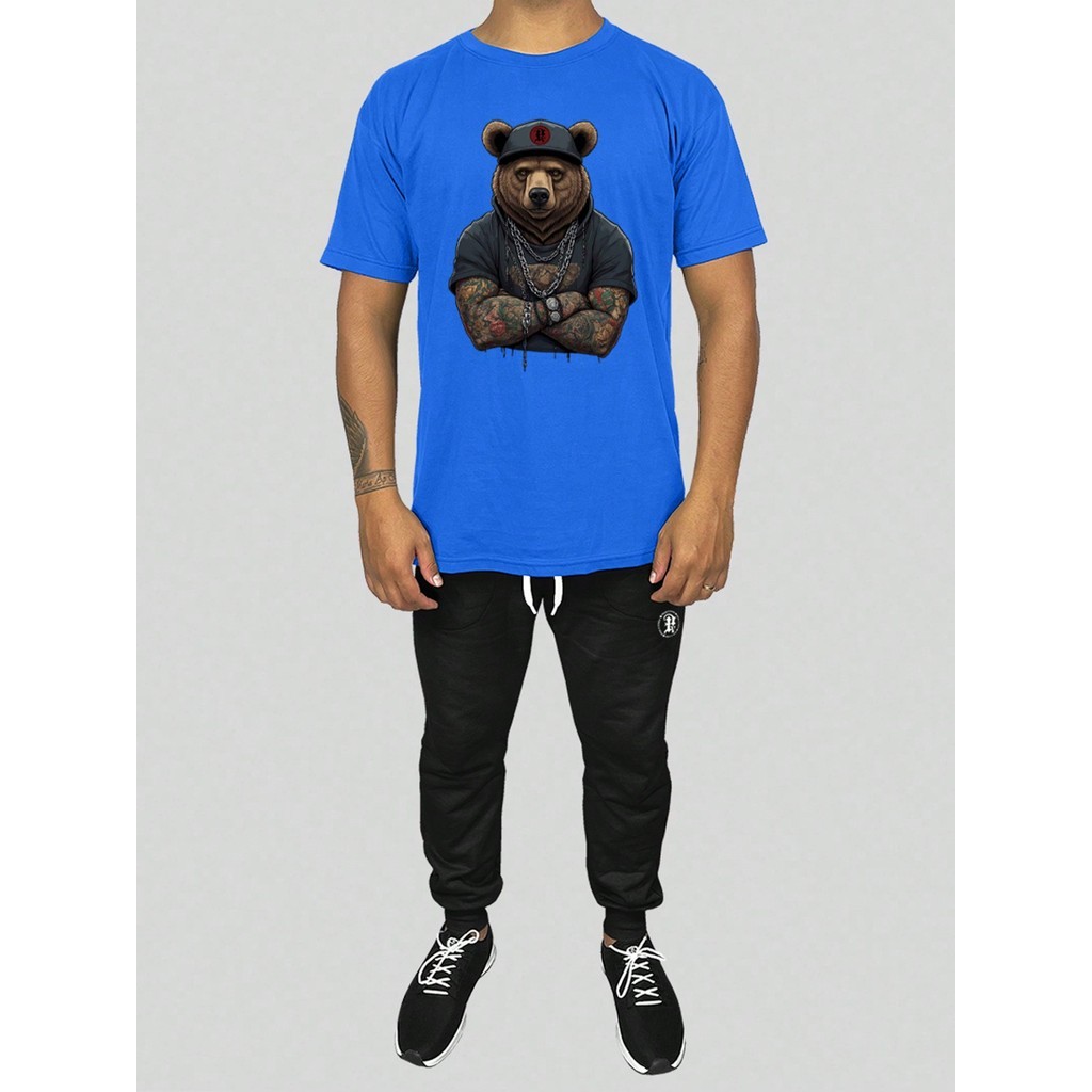 Conjunto Masculino Camiseta Algodão e Calça Moletom , Estampado Urso Bravo moda academia,casual e noite lançamentoa