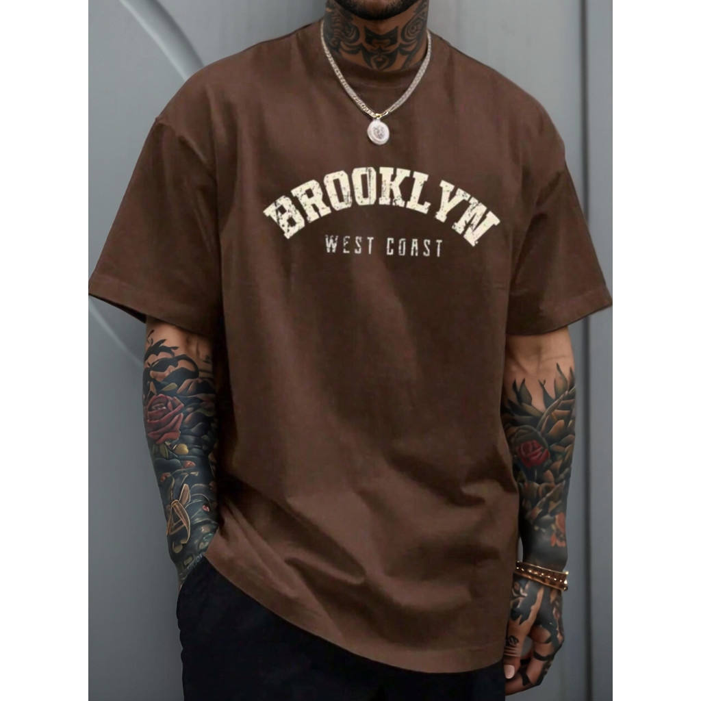 Camiseta masculina overside manga curta estampada brooklyn moda masculina academia despojada coleção 2025 fitness