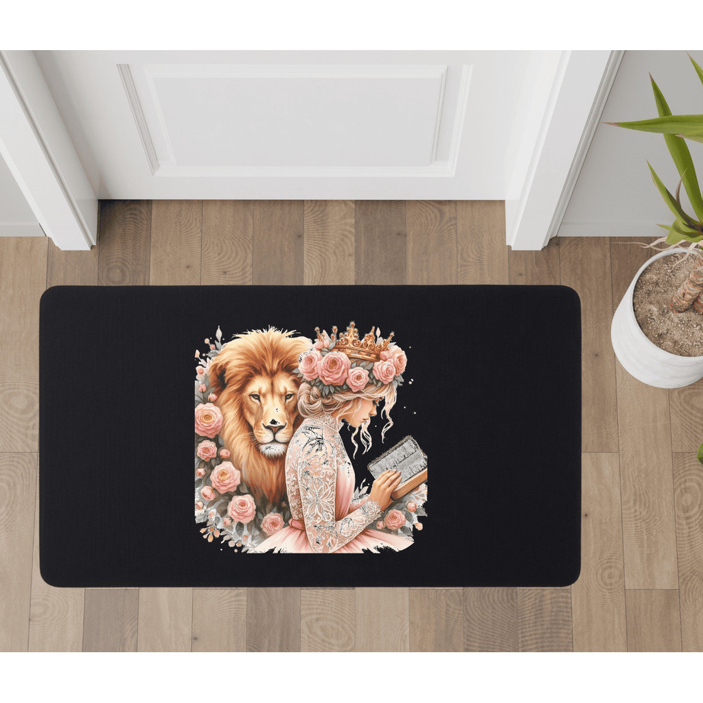 Imagem Tapete De Porta Decorativo Emborrachado Antiderrapante 90X40 Oração Jesus Leão Tribo De Juda