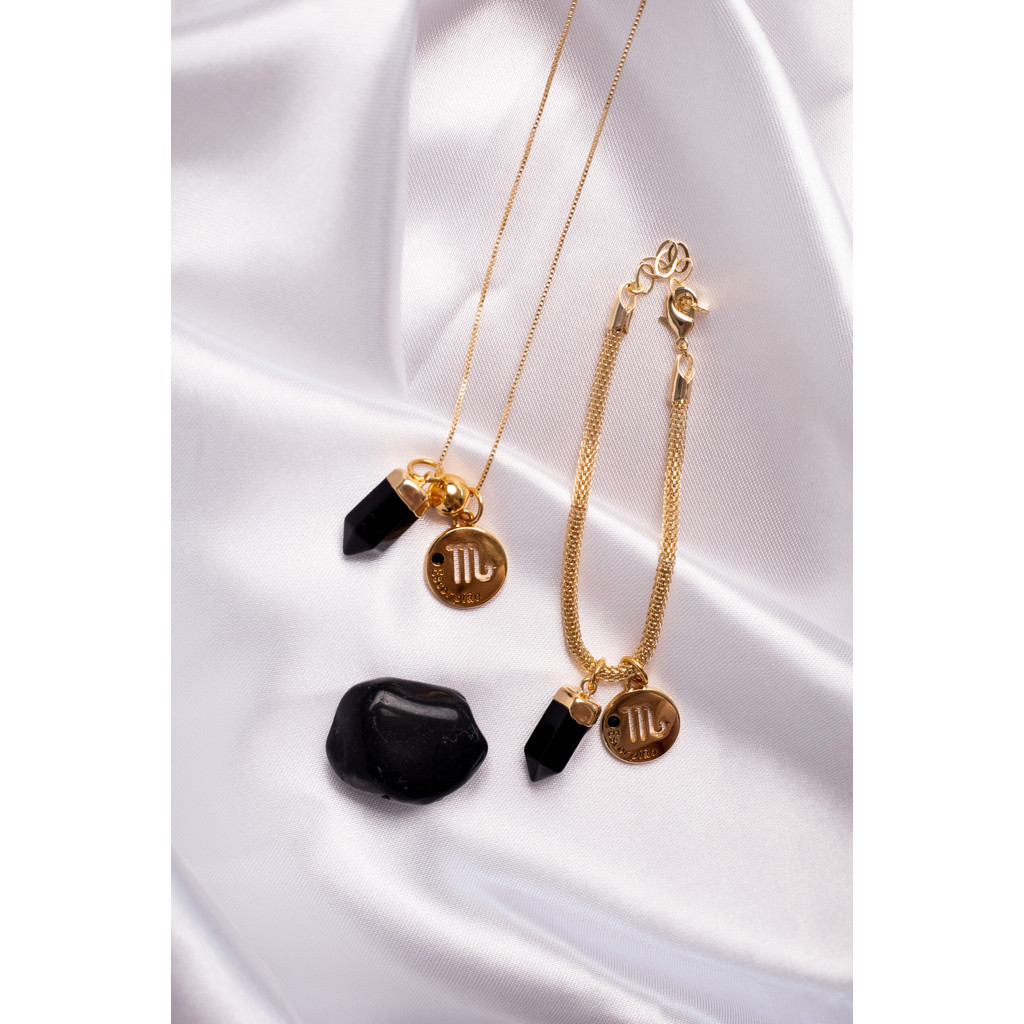 Kit 2 Peças Signo de Escorpião - Pulseira + Colar Obsidiana folheado em ouro 18k