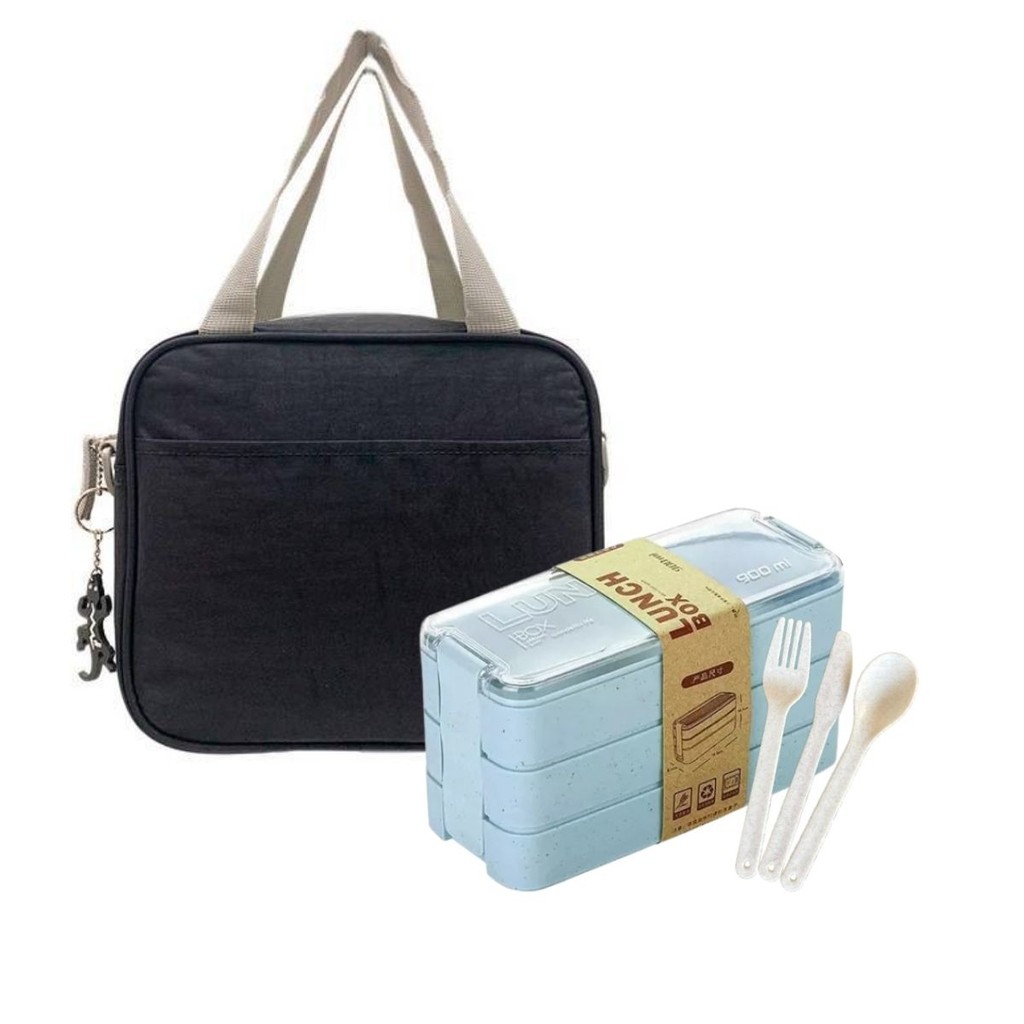 Kit Lancheira Térmica e Pote Marmita 900ml 3 Camadas Azul Lancheira Fitness Trabalho Escola Almoço
